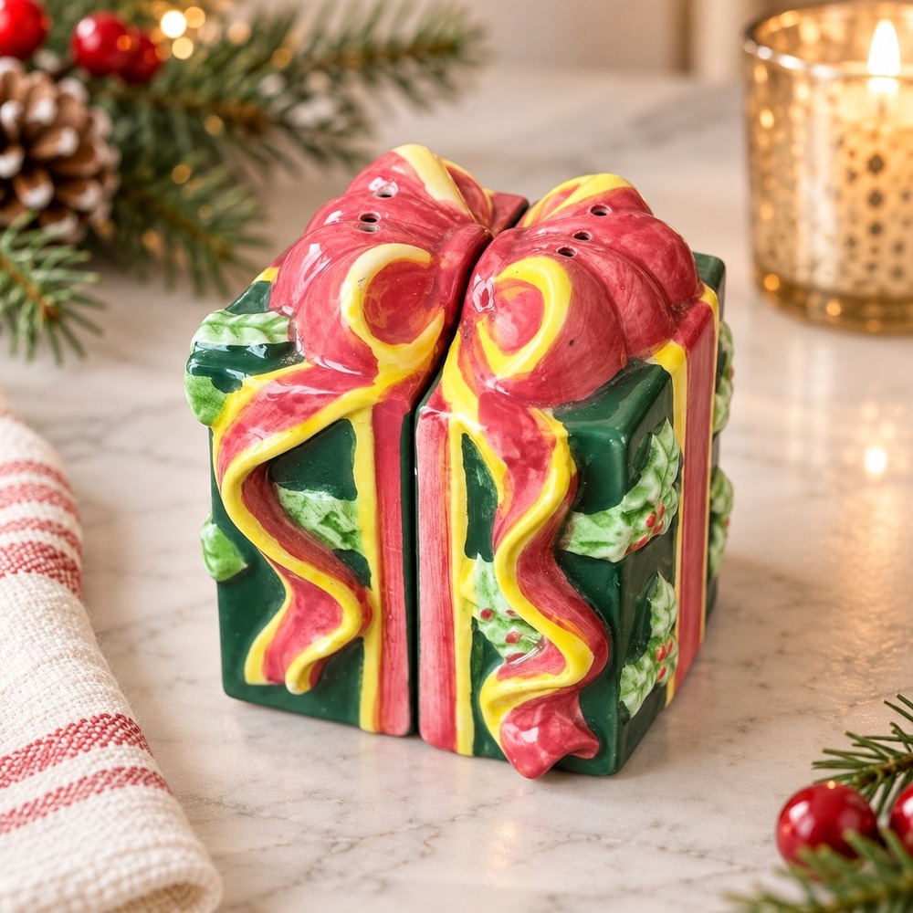 Christmas Gift Box Salt and Pepper Shaker Set Ceramic Holiday Green Red Holly
